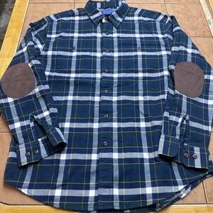 Pendleton Button Shirt Sz XL Blue Green Plaid Cotton Flannel Elbow Patch Modern